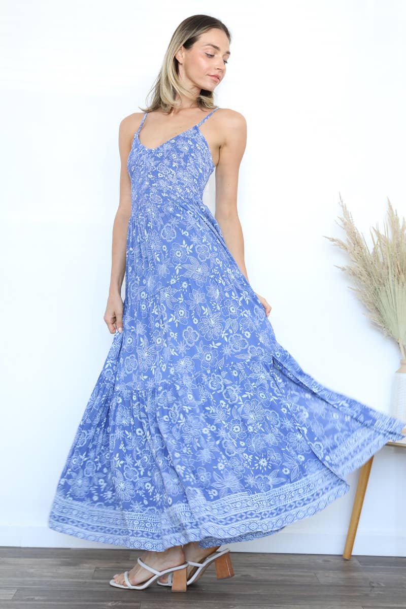 ANGIE Blue Floral Maxi Dress with Spaghetti Straps for Summer Elegance