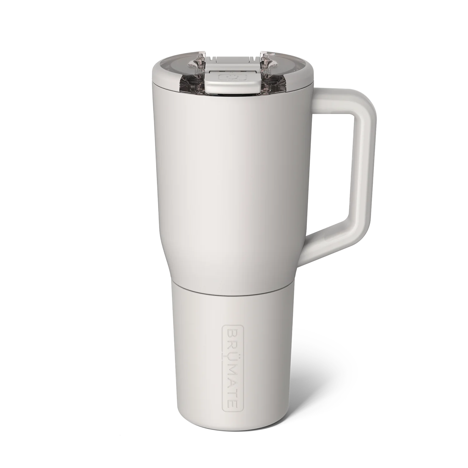 Brumate Insulated Travel Mug in White with Easy Grip Handle and Spill-Resistant Lid