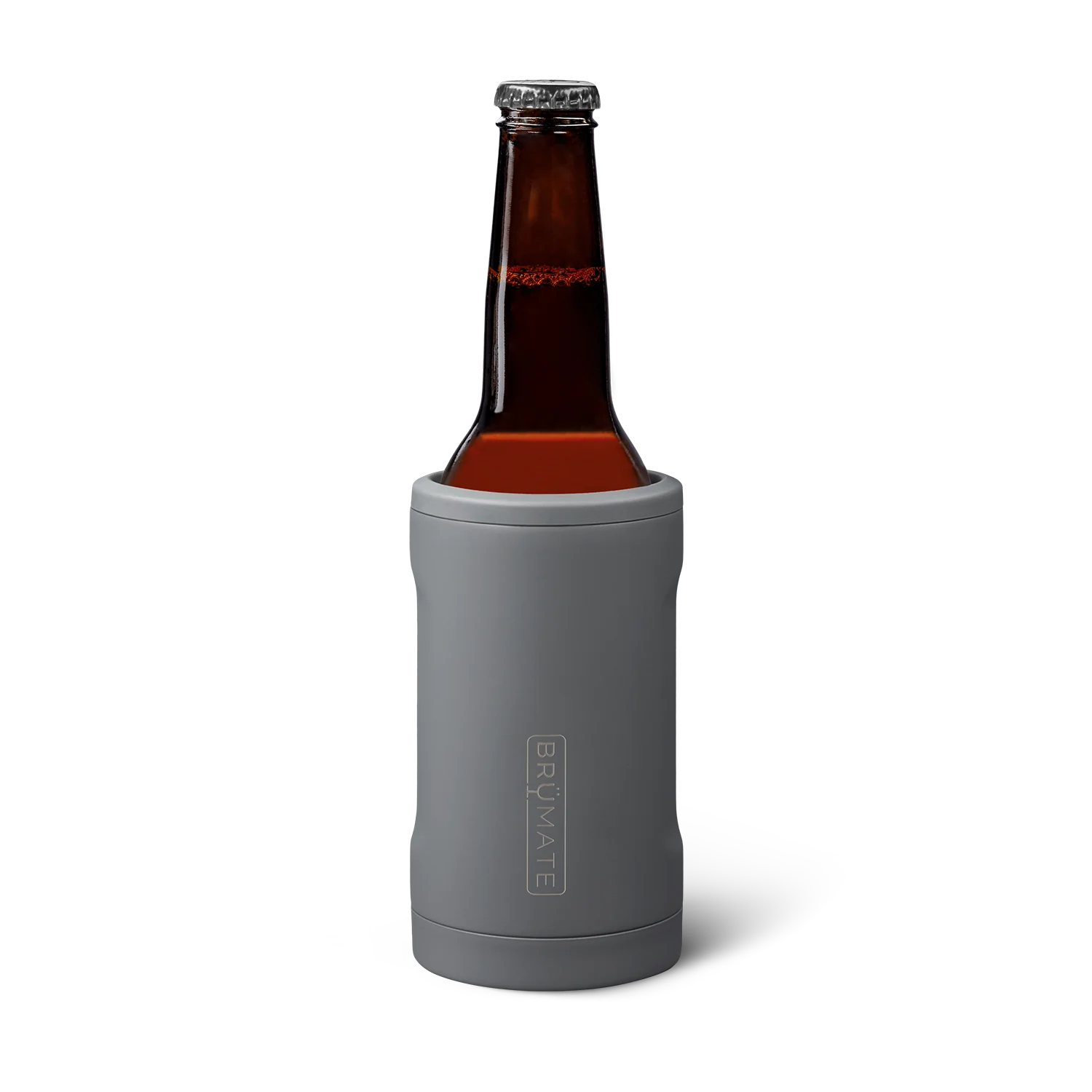Brumate insulated beer bottle holder in gray keeping your drink cold and refreshing