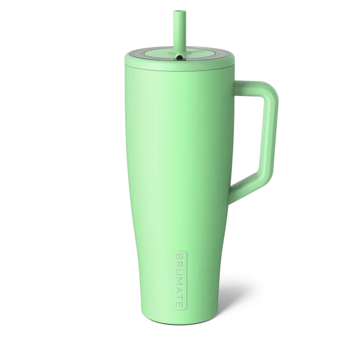Brumate insulated travel mug for beach in mint green with a handle and straw for easy sipping