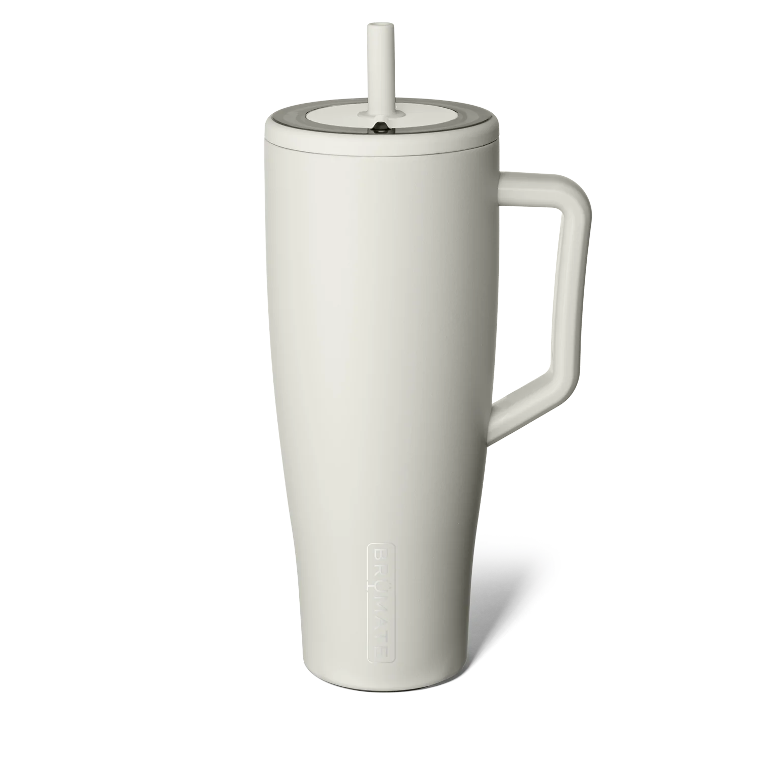 Brumate insulated travel mug for beach in sleek white design with straw and ergonomic handle