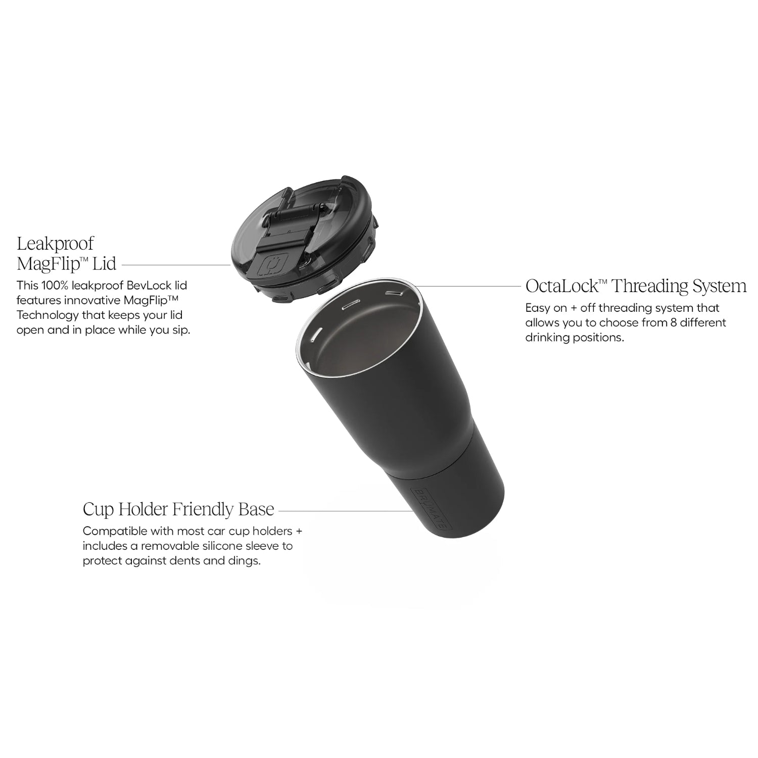 Brumate leak-proof drink container with MagFlip lid and OctaLock threading system for secure sipping