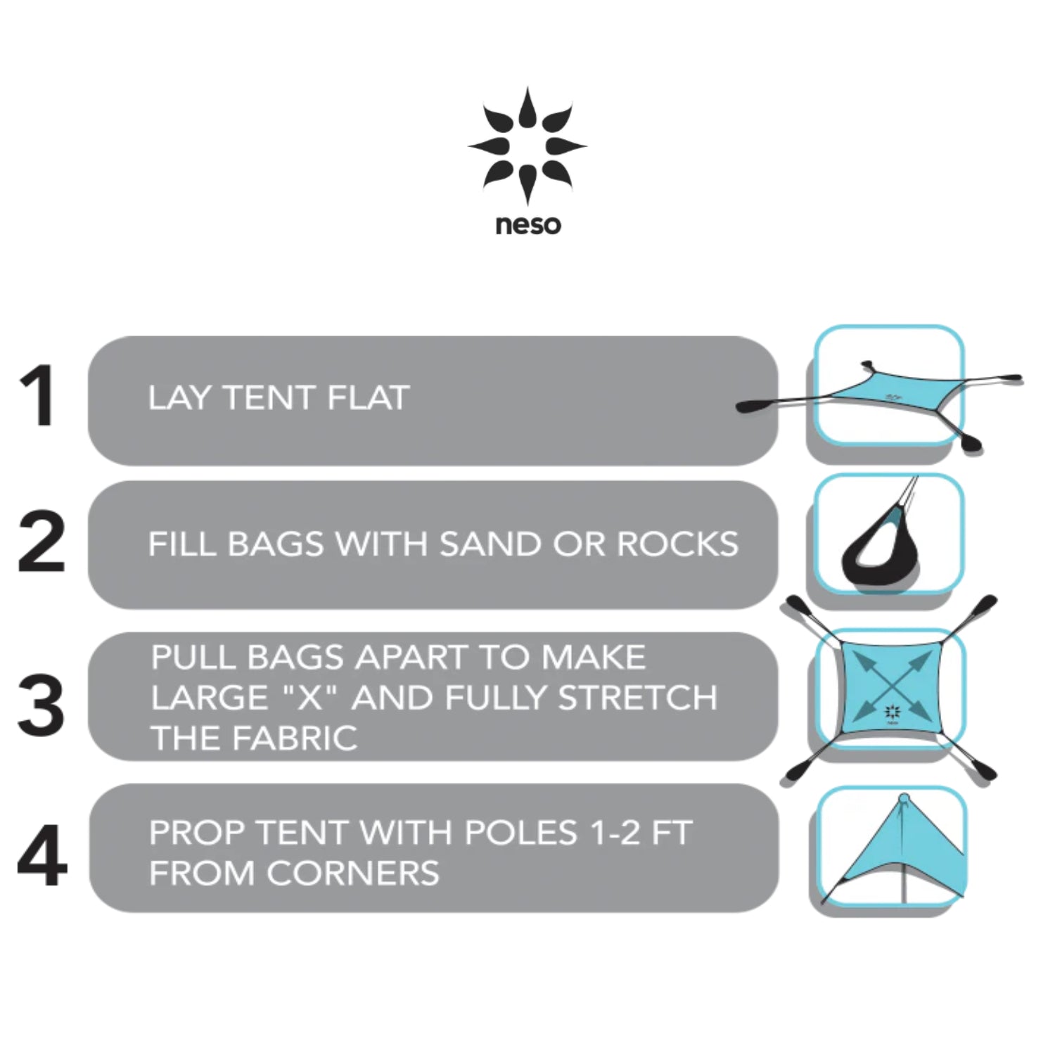 Instructions for setting up a Neso UV protection beach tent with visual steps for easy assembly