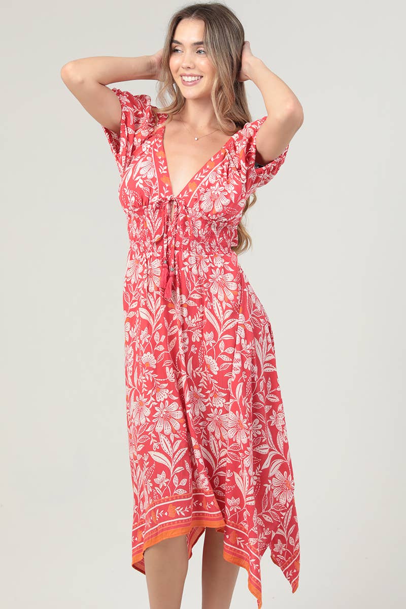 ANGIE summer floral maxi with sleeves in vibrant red and floral patterns, perfect for warm weather styling