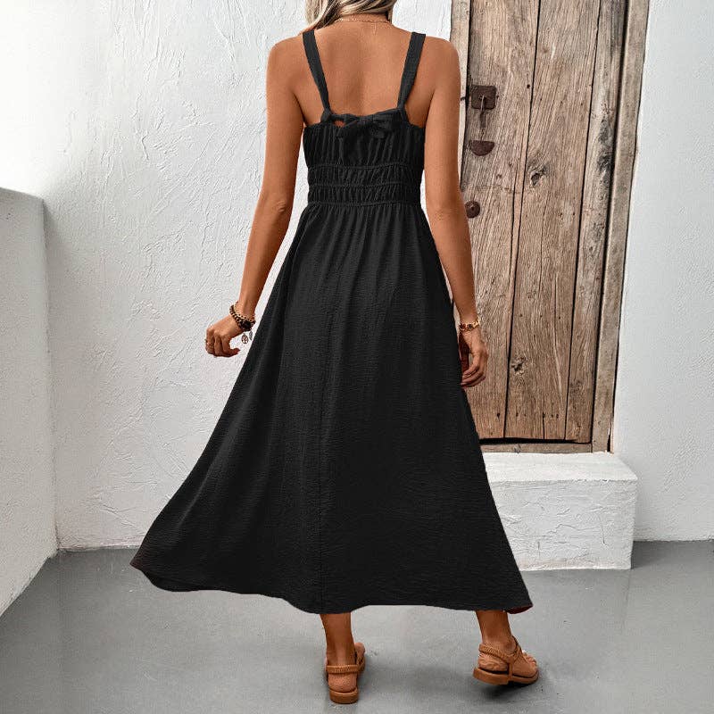 Suhkasana - Women's Smocked Maxi Dress Sleeveless V Neck Sundress