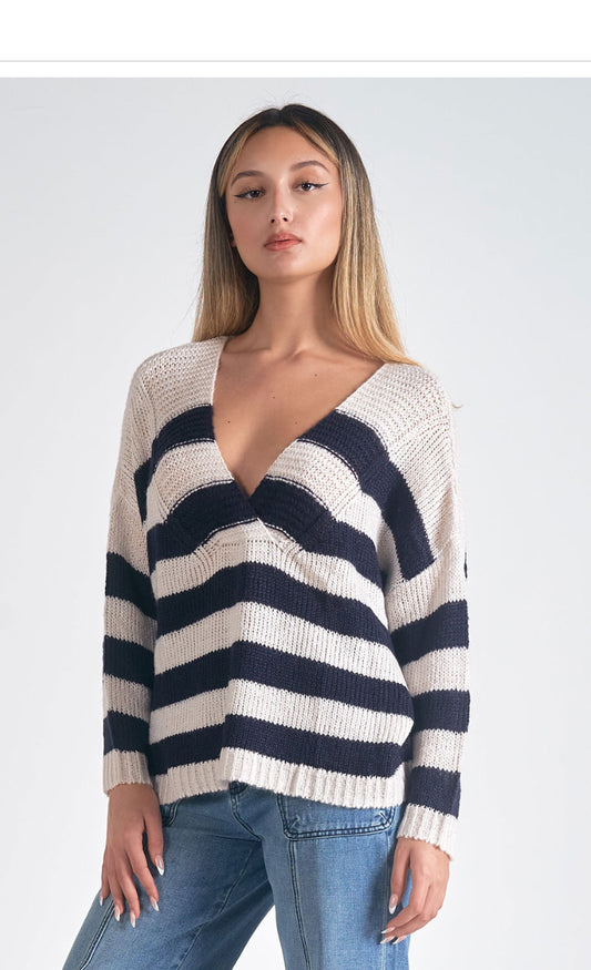 Elan Navy/Natural V-neck Sweater