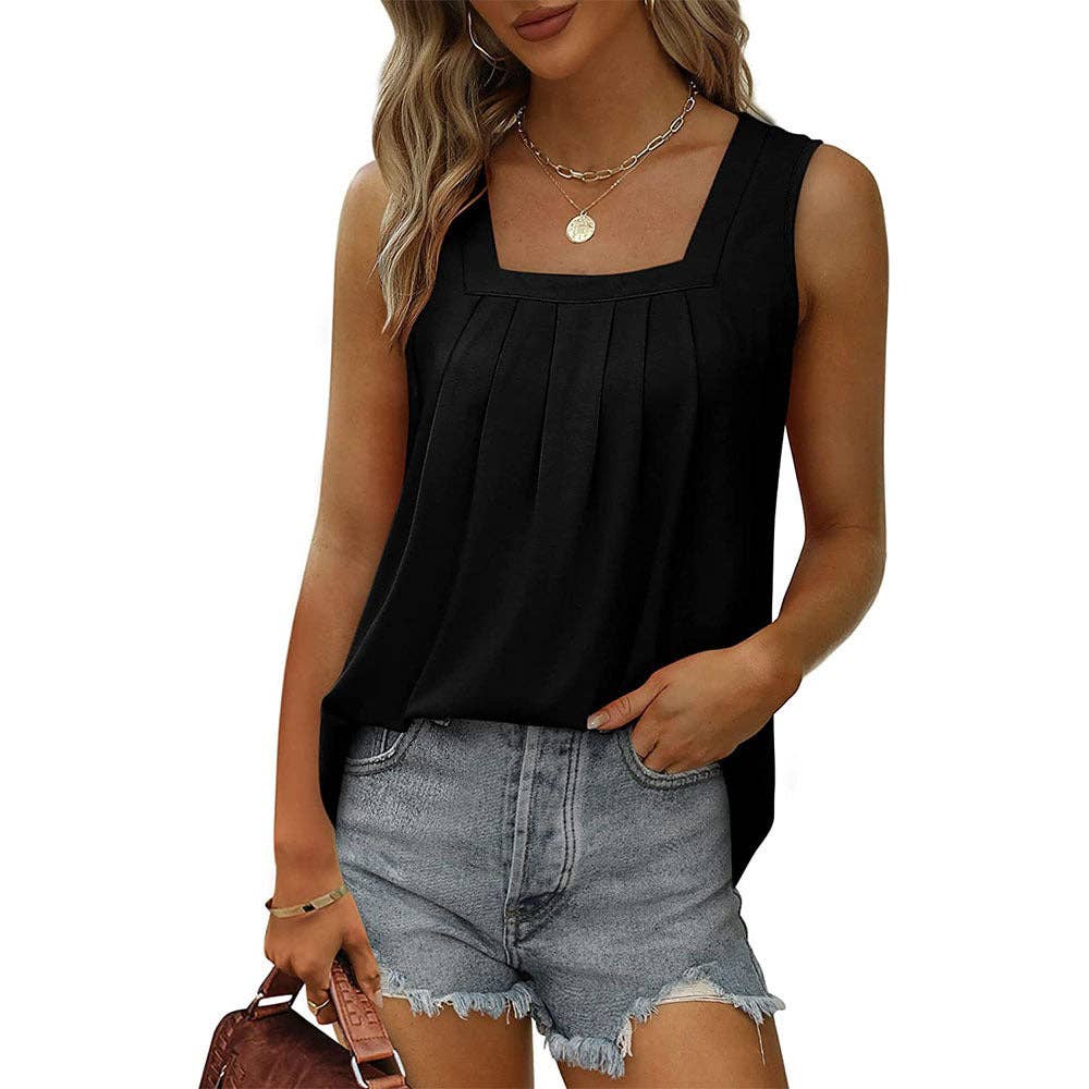 Lovesoft - Square Neck Pleated Sleeveless Flowy Tank Top
