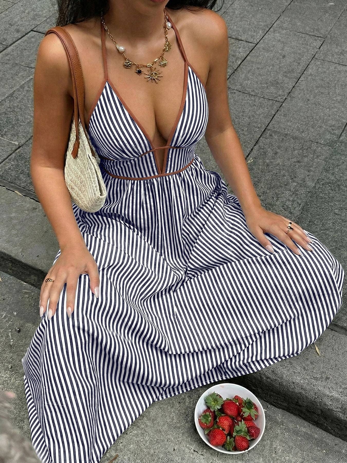 Lovesoft - Striped Halter Backless V Neck Maxi Dress