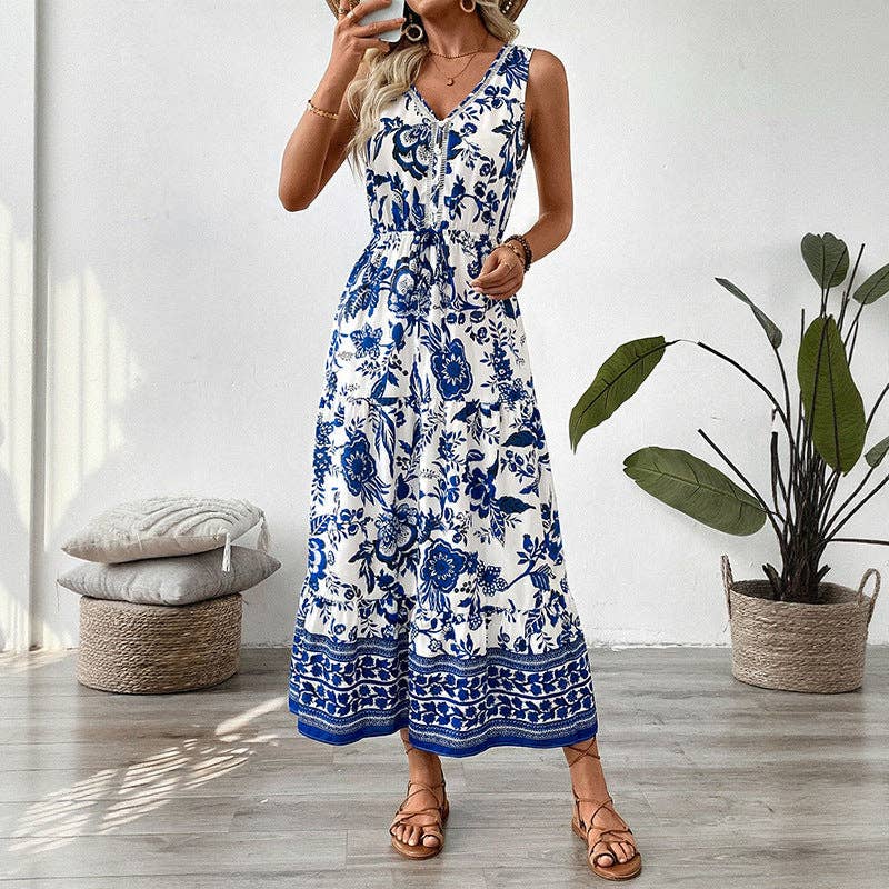 Suhkasana - Boho Blue Floral V Neck Sleeveless Maxi Dress