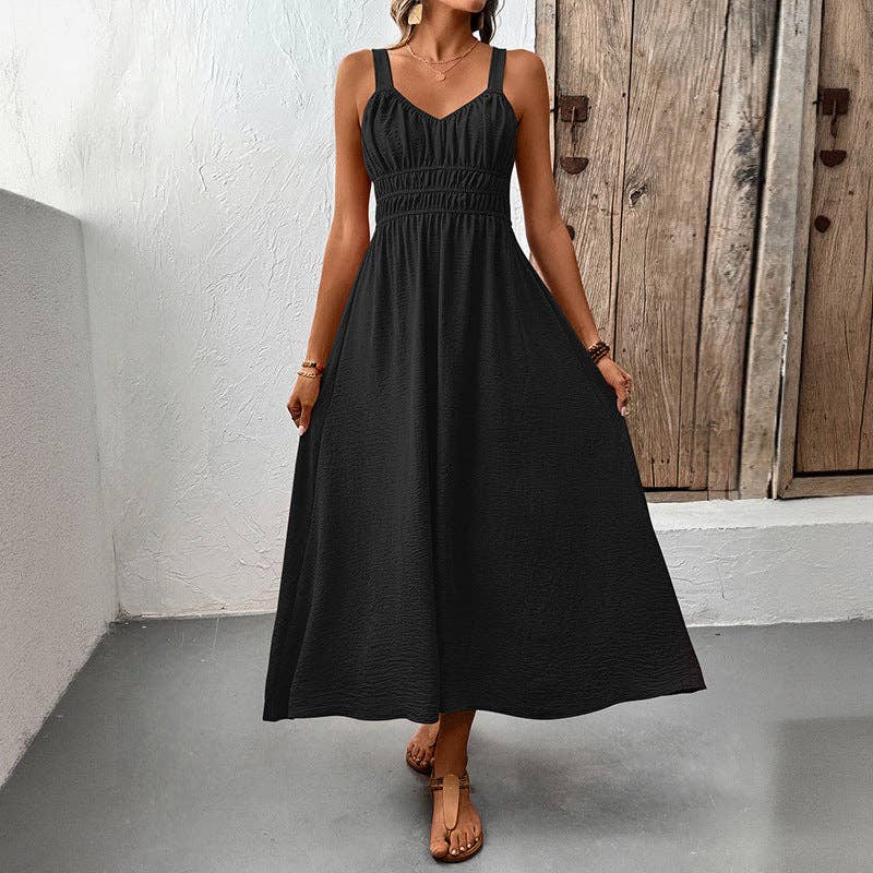 Suhkasana - Women's Smocked Maxi Dress Sleeveless V Neck Sundress