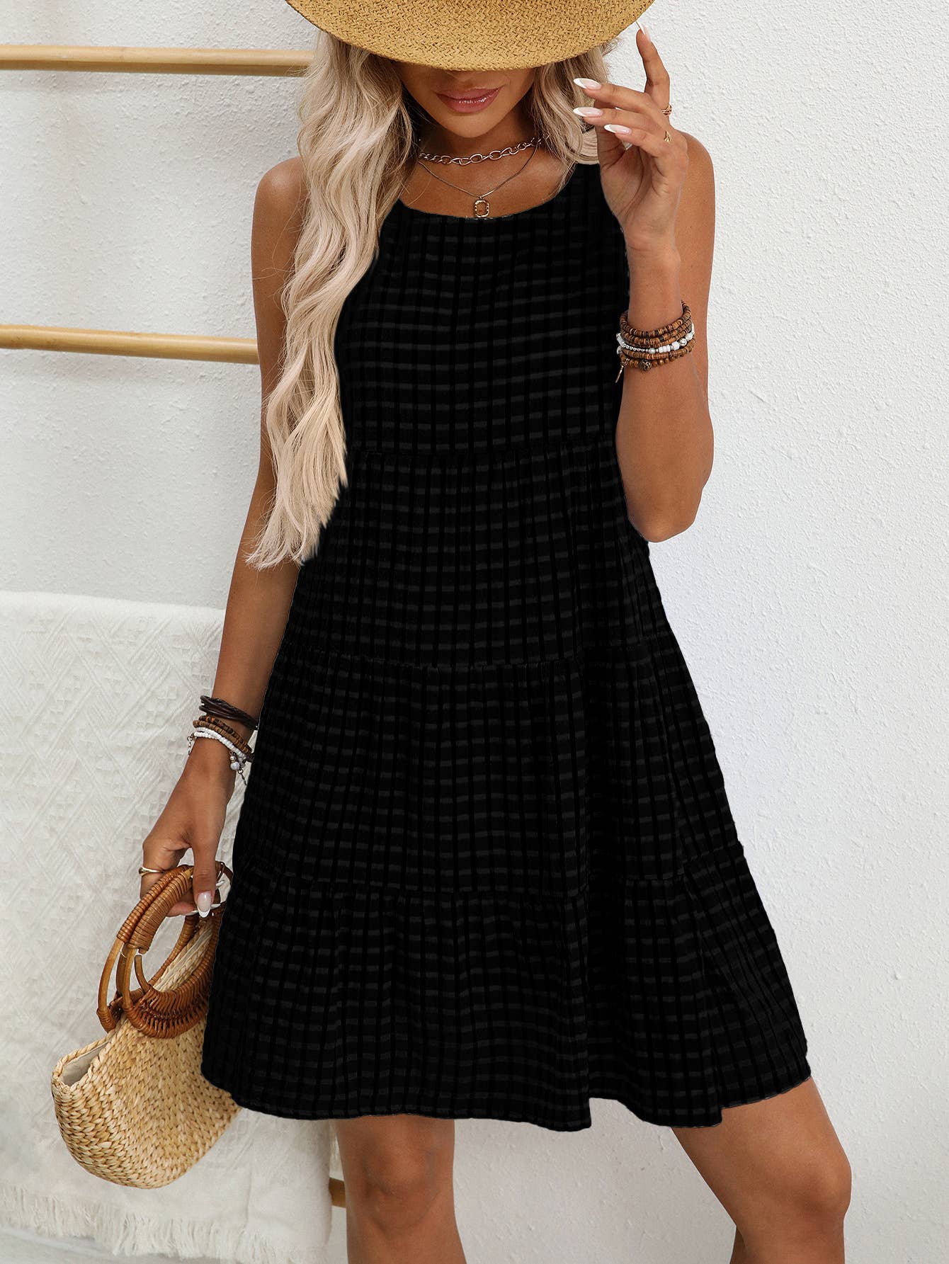 Anna Kaci Wholesale - Checkered Tiered Sleeveless Mini Dress