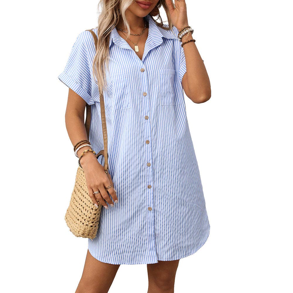 Suhkasana - Striped Button Down Shirt Dress Casual Summer Midi