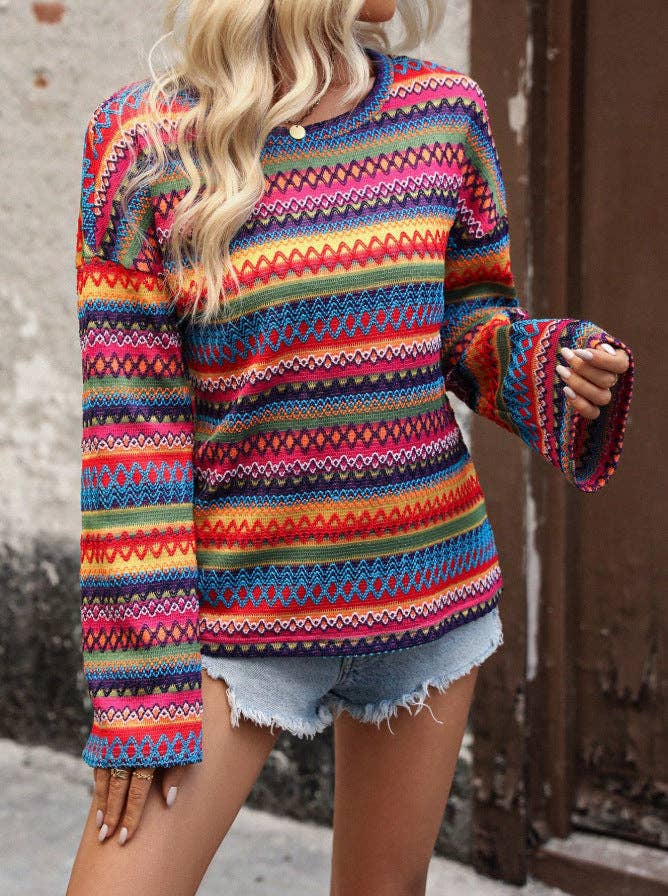 Suhkasana - Boho Geometric Knit Sweater Bell Sleeve Crew Neck Top