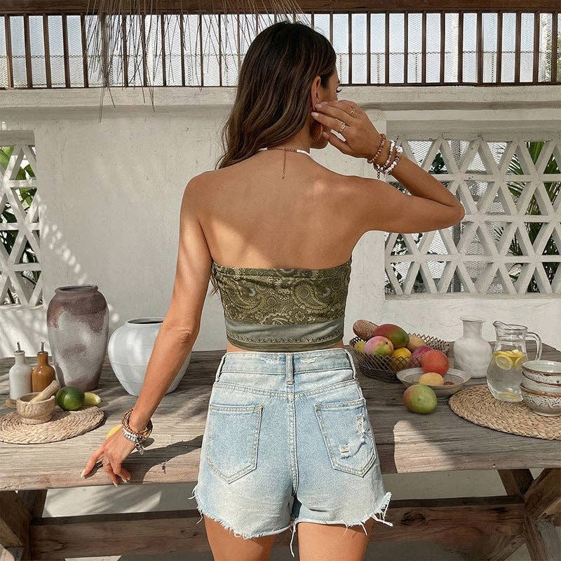 Suhkasana - Boho Paisley Scarf Hem Bandeau Top Strapless Crop Top