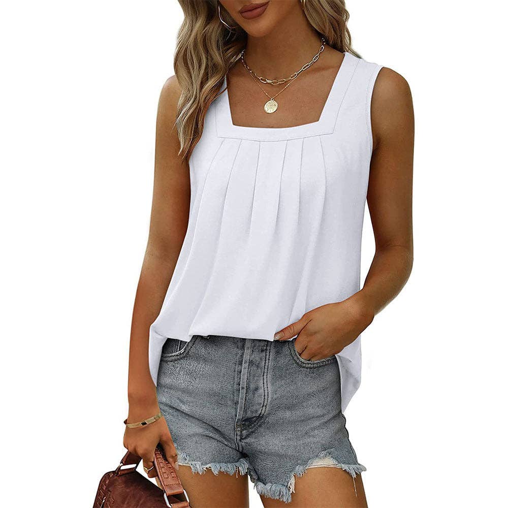 Lovesoft - Square Neck Pleated Sleeveless Flowy Tank Top