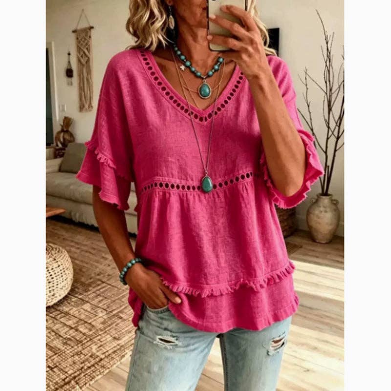 Suhkasana - Boho Linen Blouse Eyelet Ruffle Sleeve