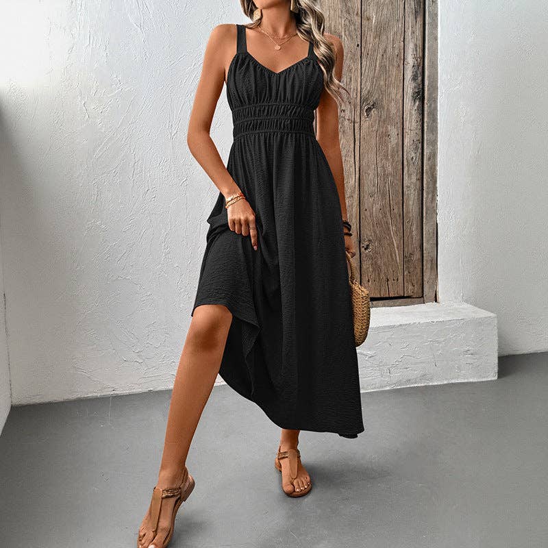 Suhkasana - Women's Smocked Maxi Dress Sleeveless V Neck Sundress
