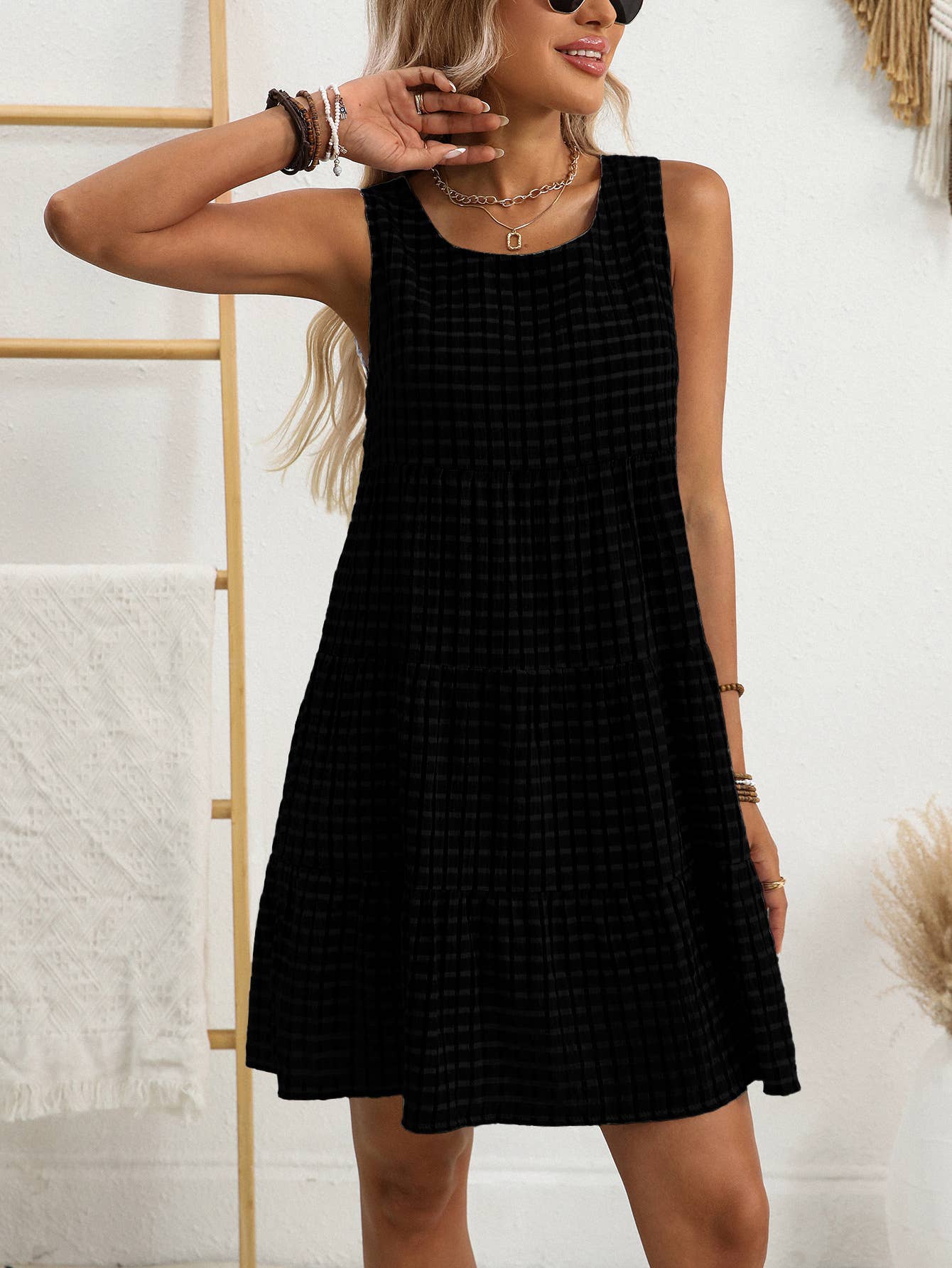 Anna Kaci Wholesale - Checkered Tiered Sleeveless Mini Dress