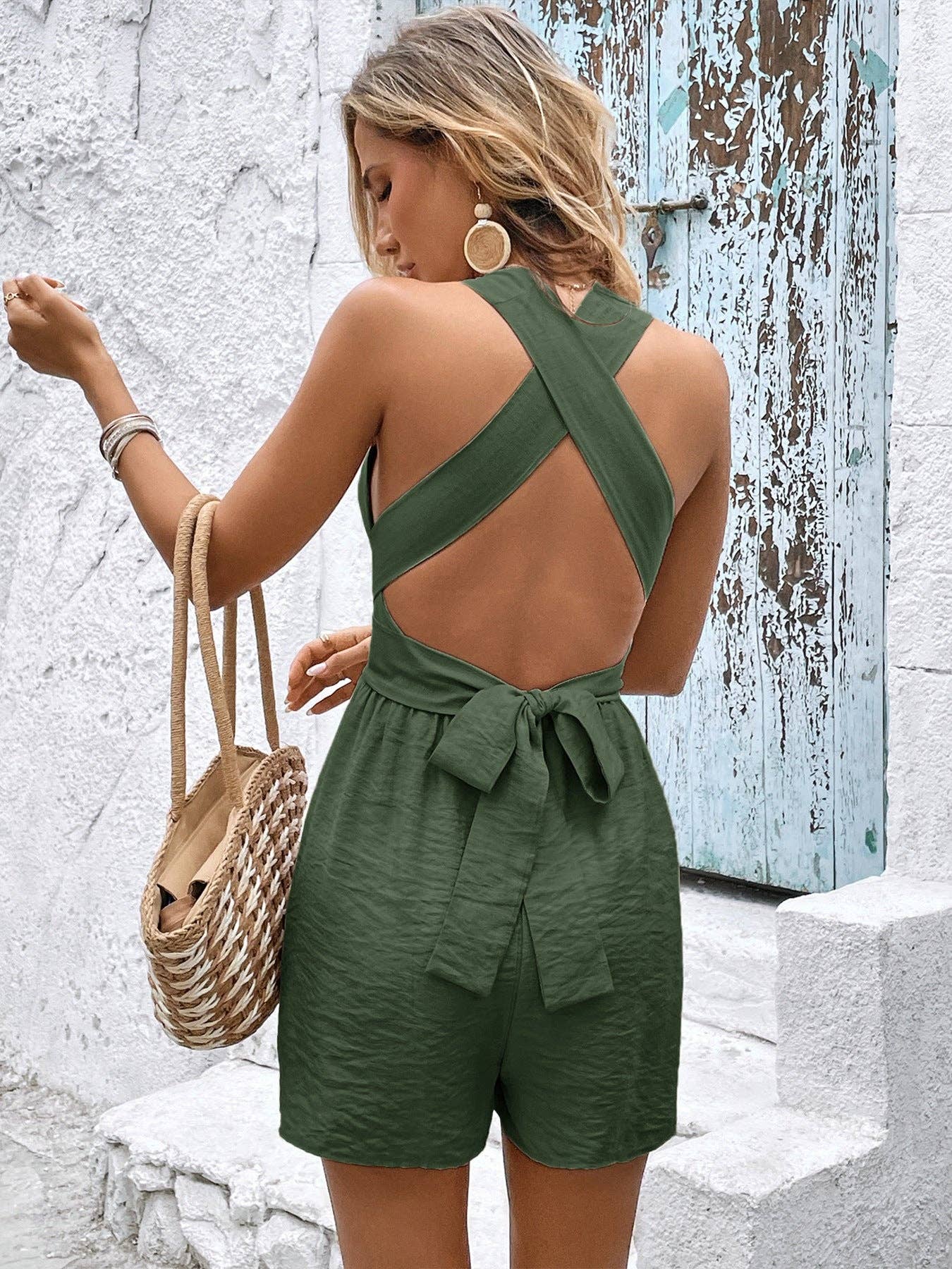 Suhkasana - Brown Halter Deep V Backless Vacation Romper