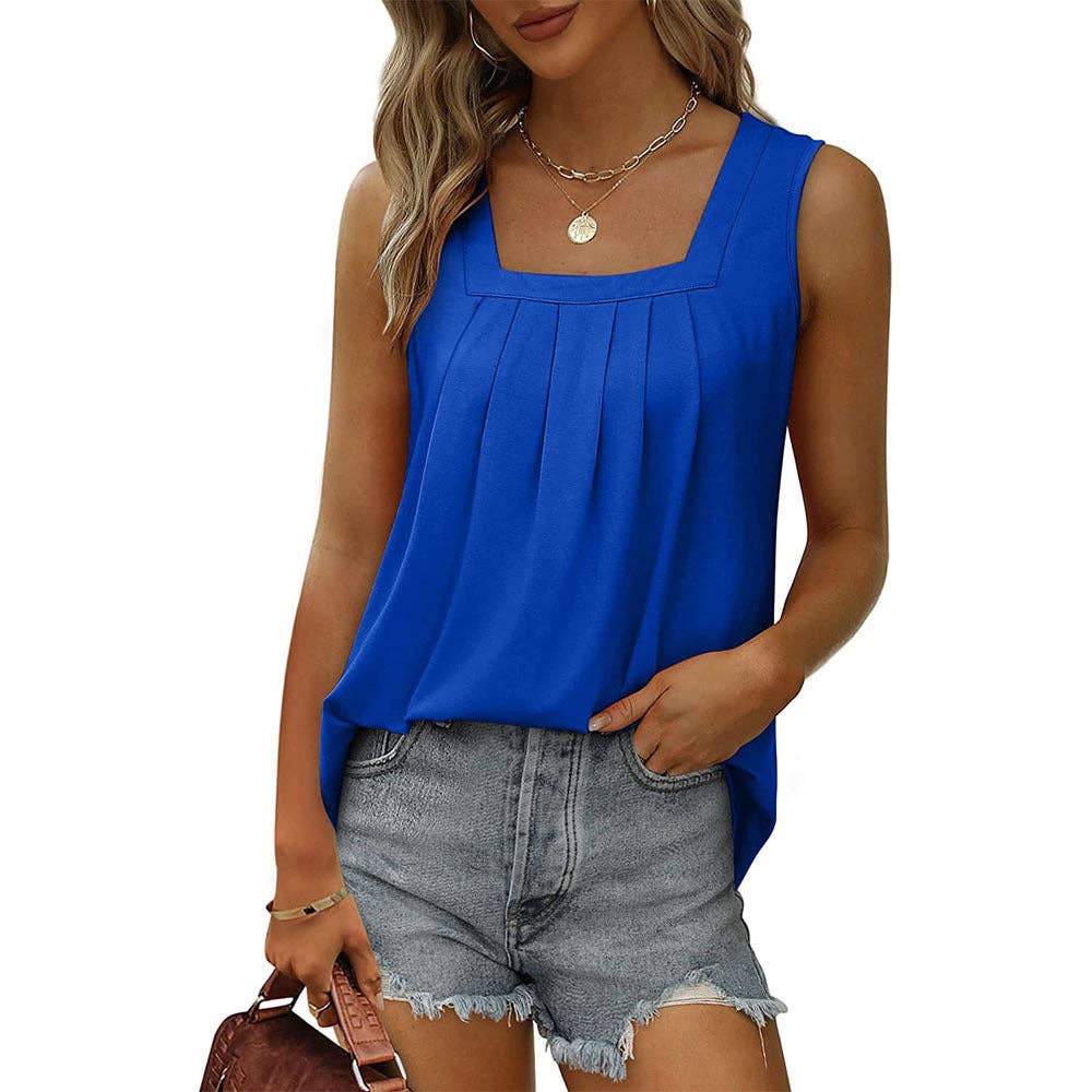 Lovesoft - Square Neck Pleated Sleeveless Flowy Tank Top