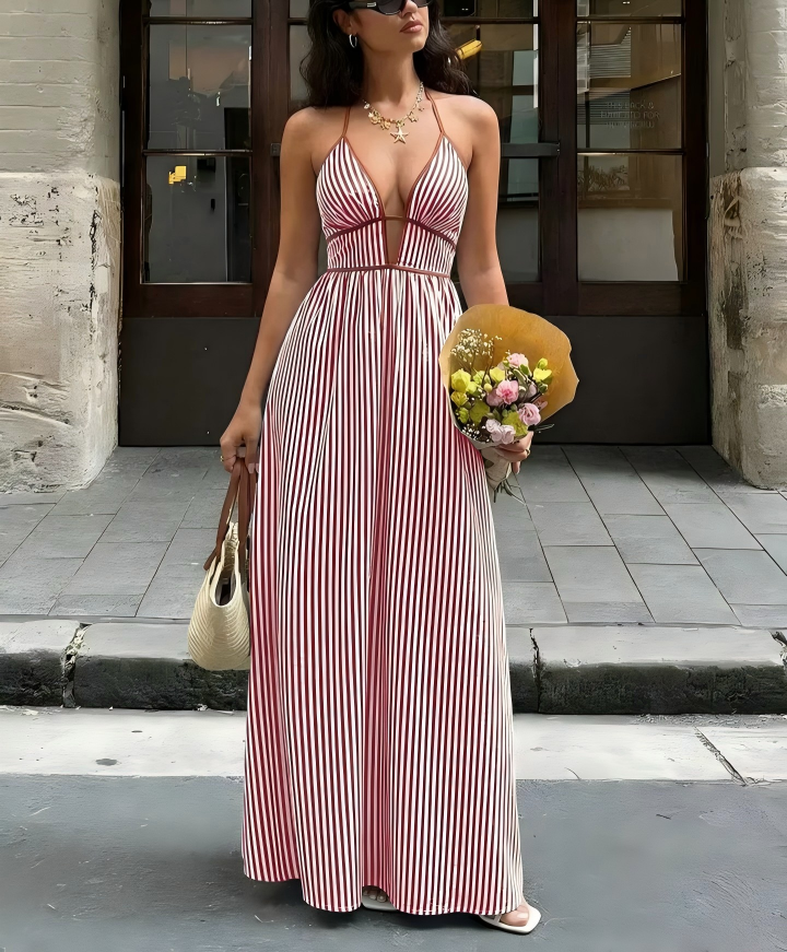 Lovesoft - Striped Halter Backless V Neck Maxi Dress