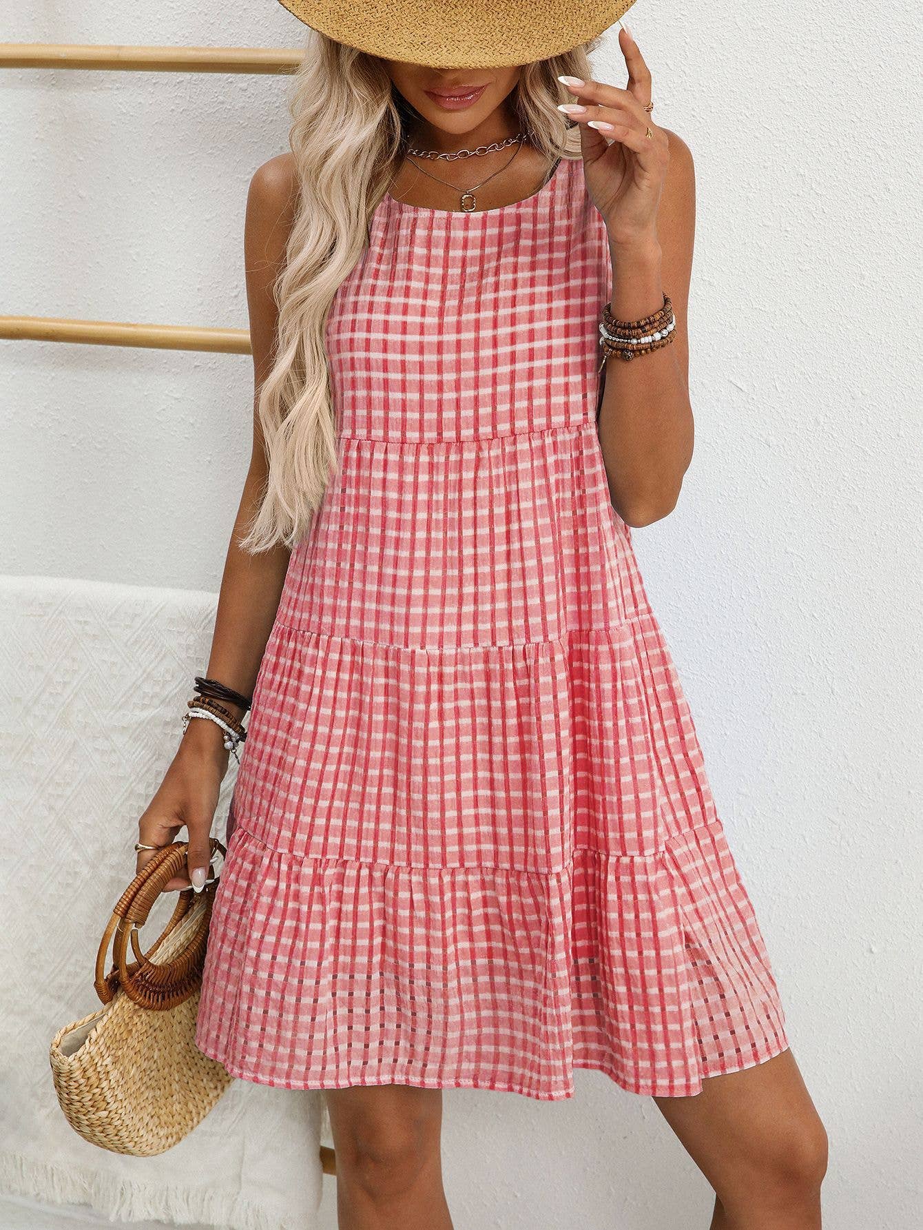 Anna Kaci Wholesale - Checkered Tiered Sleeveless Mini Dress