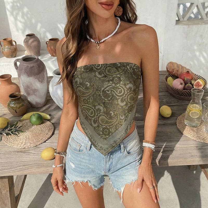 Suhkasana - Boho Paisley Scarf Hem Bandeau Top Strapless Crop Top