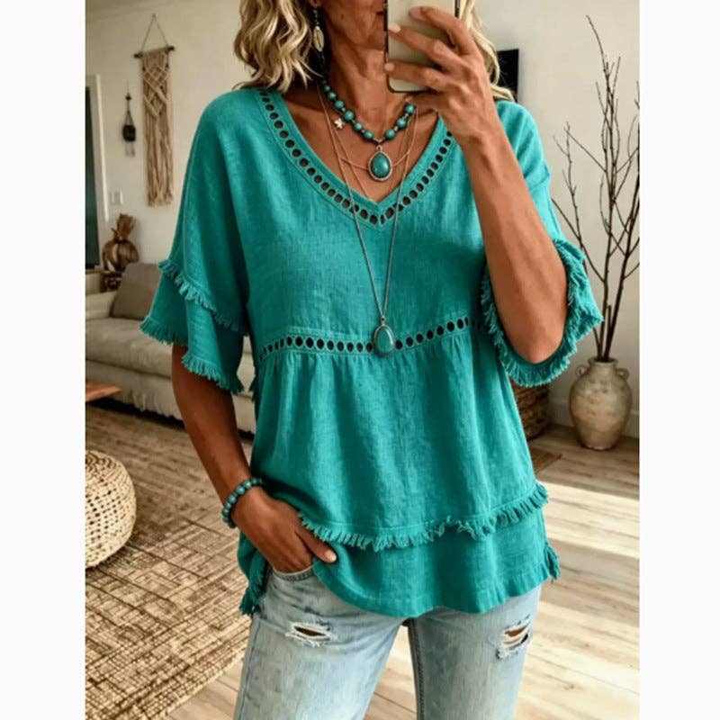 Suhkasana - Boho Linen Blouse Eyelet Ruffle Sleeve