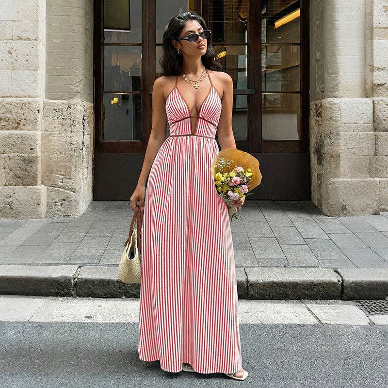 Lovesoft - Striped Halter Backless V Neck Maxi Dress