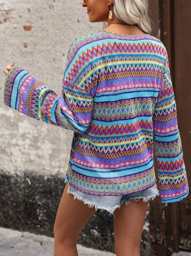 Suhkasana - Boho Geometric Knit Sweater Bell Sleeve Crew Neck Top