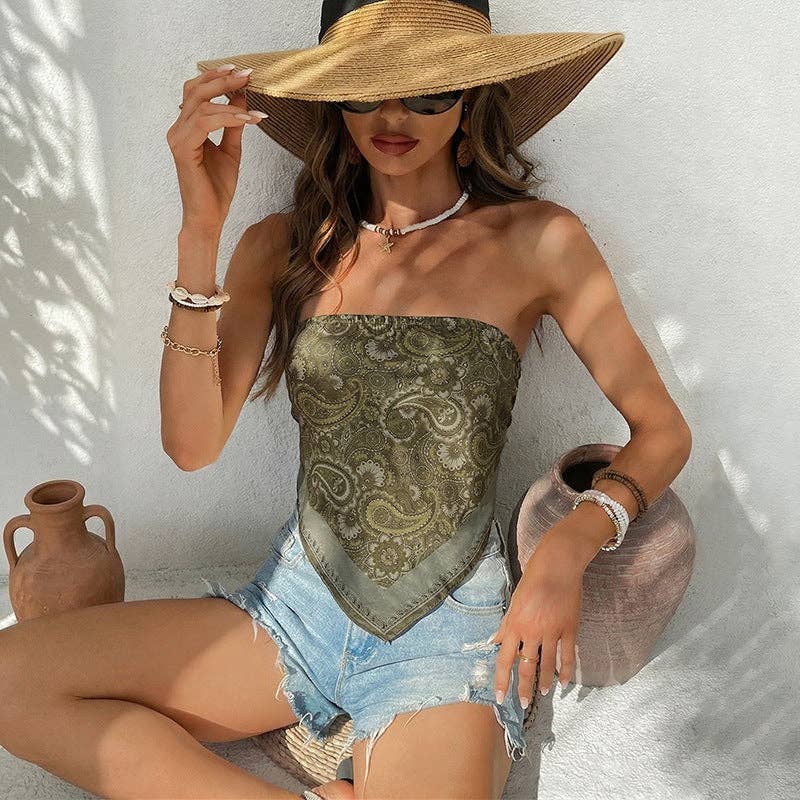 Suhkasana - Boho Paisley Scarf Hem Bandeau Top Strapless Crop Top