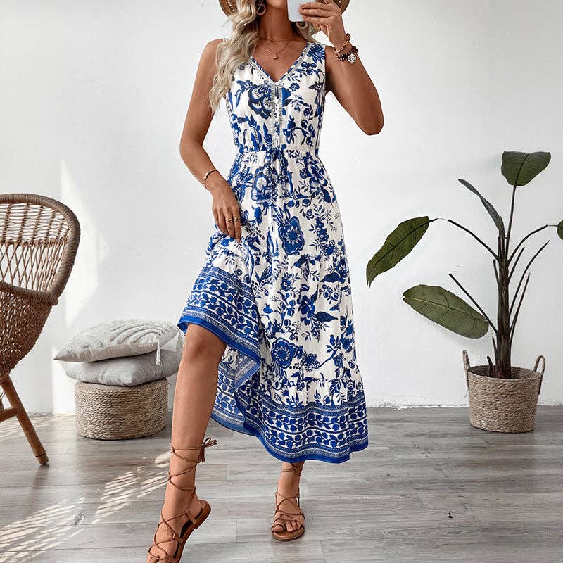 Suhkasana - Boho Blue Floral V Neck Sleeveless Maxi Dress