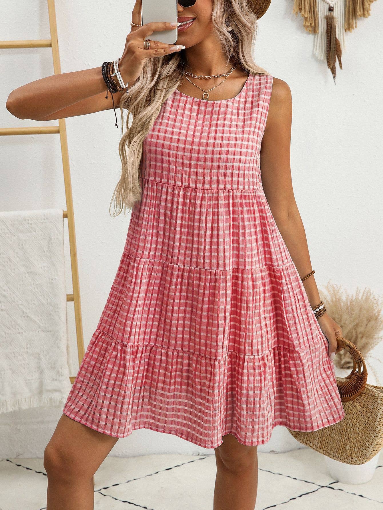 Anna Kaci Wholesale - Checkered Tiered Sleeveless Mini Dress