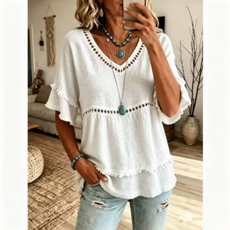 Suhkasana - Boho Linen Blouse Eyelet Ruffle Sleeve