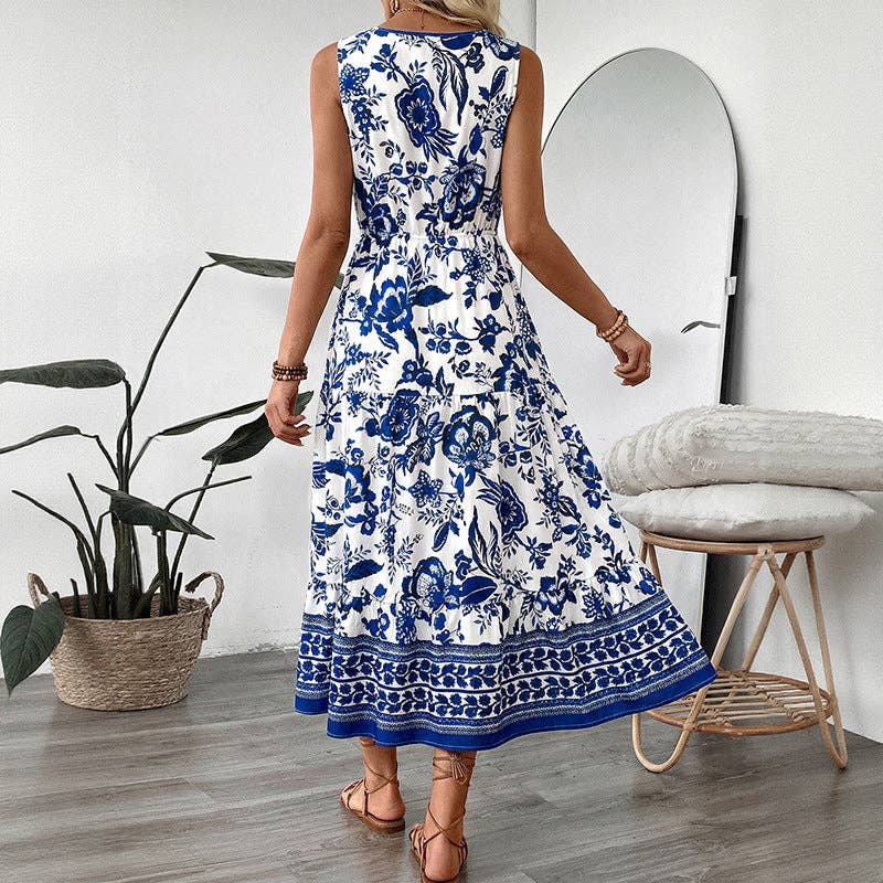 Suhkasana - Boho Blue Floral V Neck Sleeveless Maxi Dress