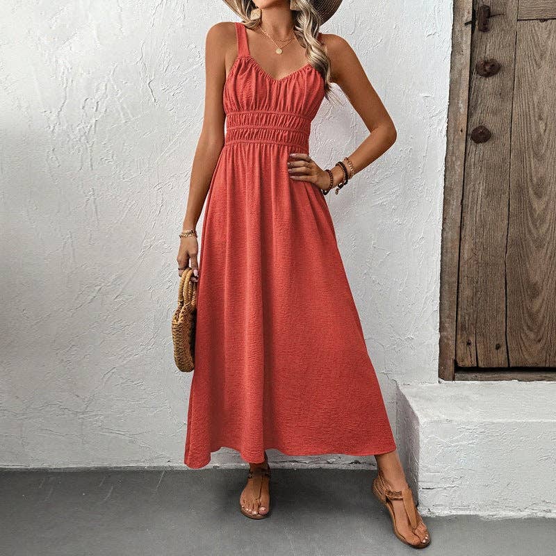 Suhkasana - Women's Smocked Maxi Dress Sleeveless V Neck Sundress