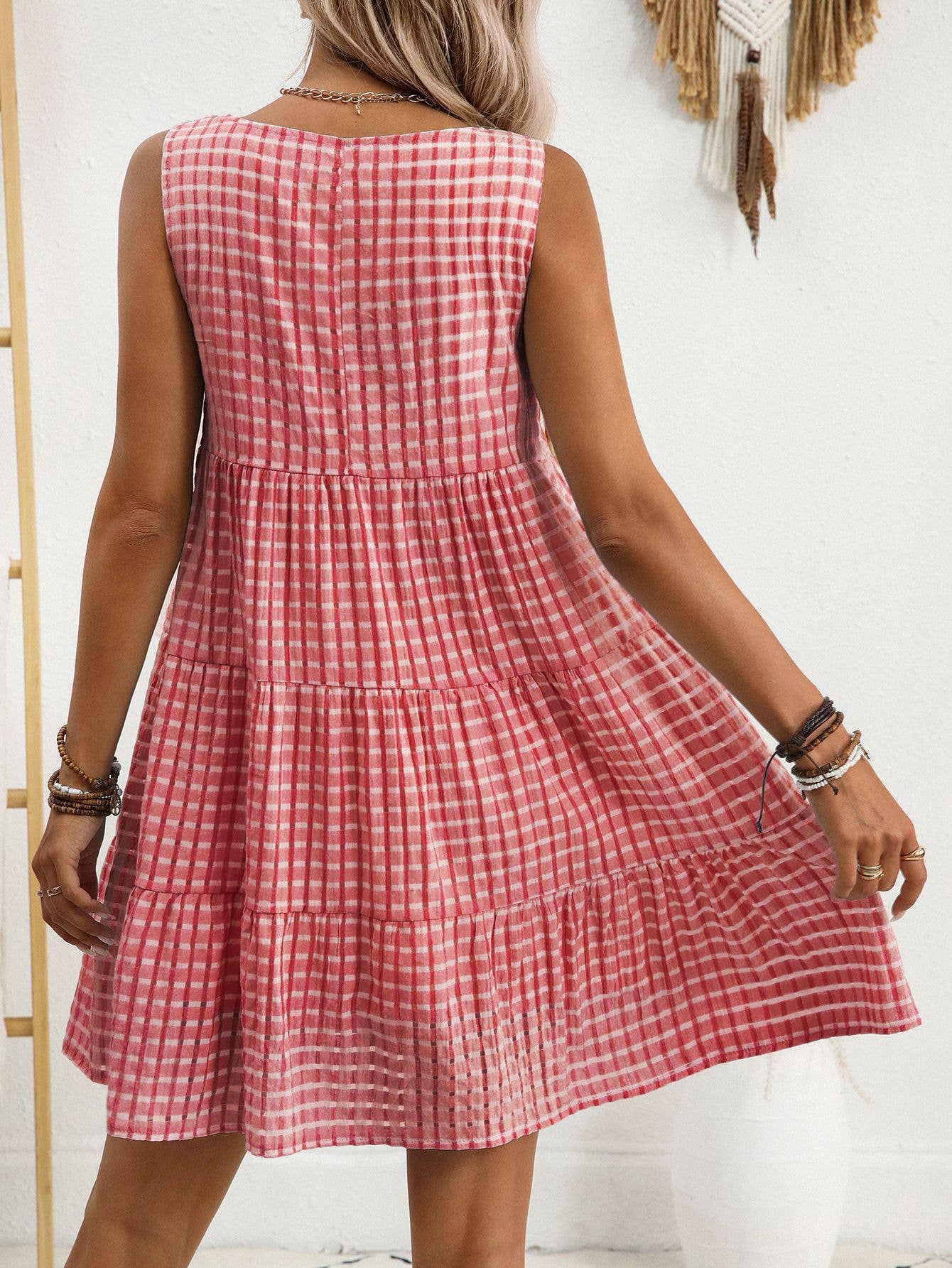 Anna Kaci Wholesale - Checkered Tiered Sleeveless Mini Dress