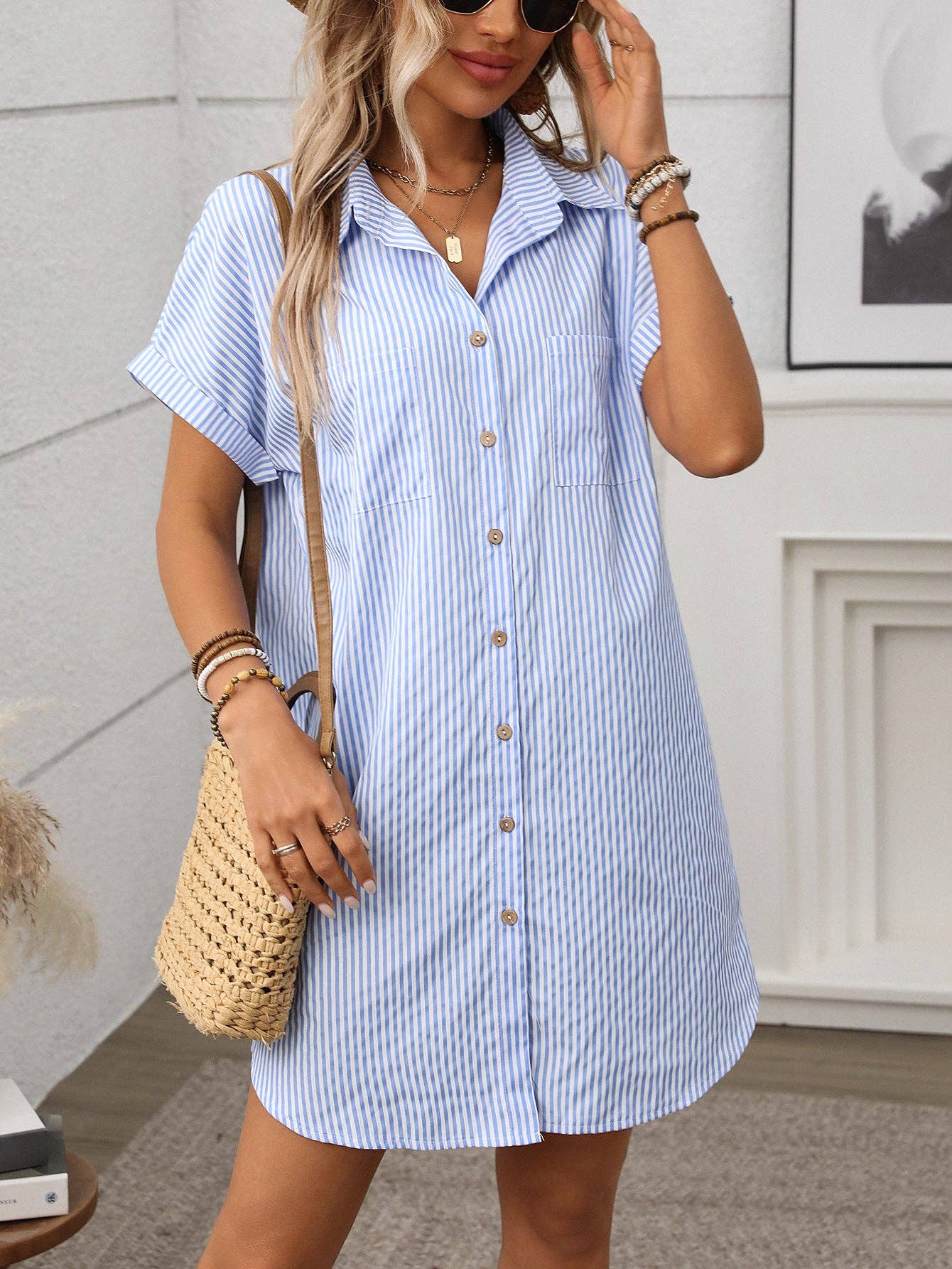 Suhkasana - Striped Button Down Shirt Dress Casual Summer Midi