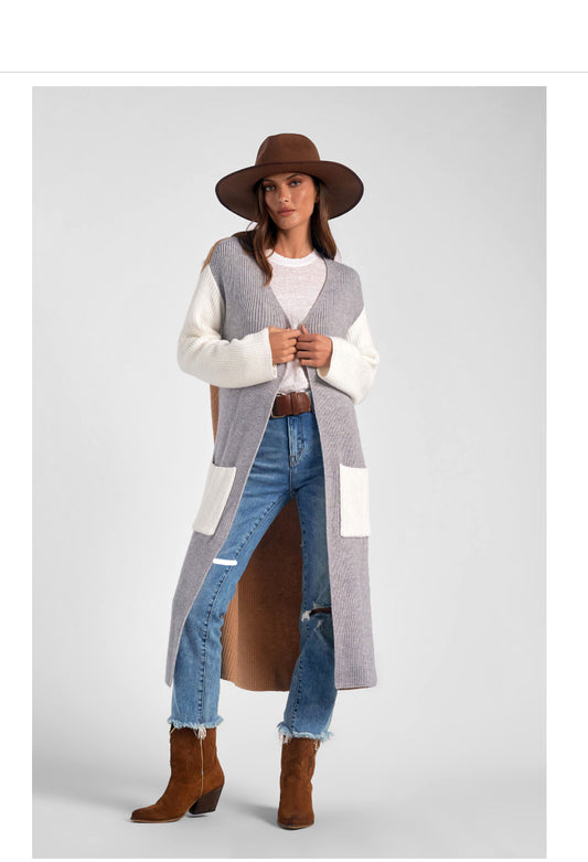 Elan Color Block Cable Knit Long Cardigan