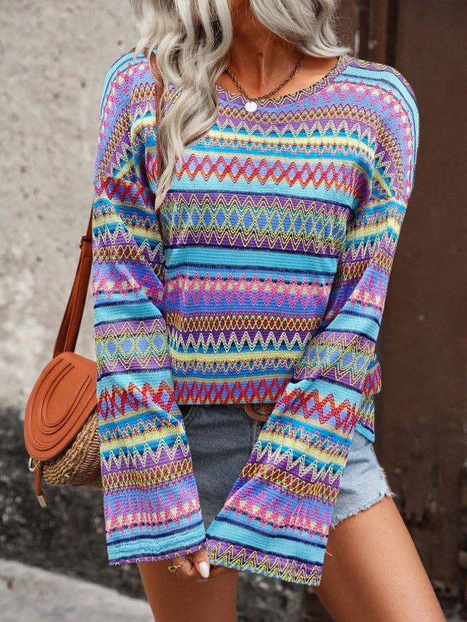 Suhkasana - Boho Geometric Knit Sweater Bell Sleeve Crew Neck Top