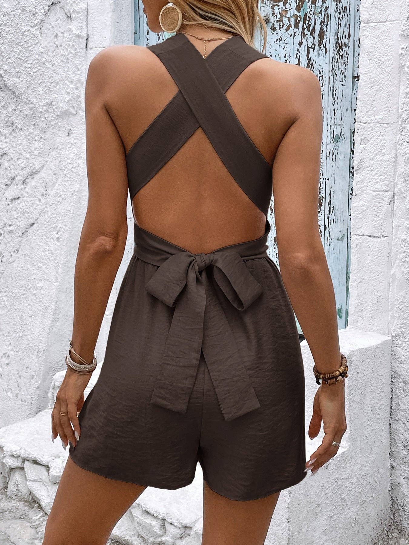 Suhkasana - Brown Halter Deep V Backless Vacation Romper