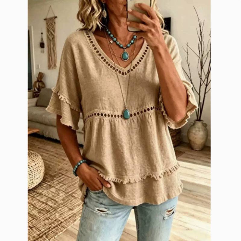 Suhkasana - Boho Linen Blouse Eyelet Ruffle Sleeve
