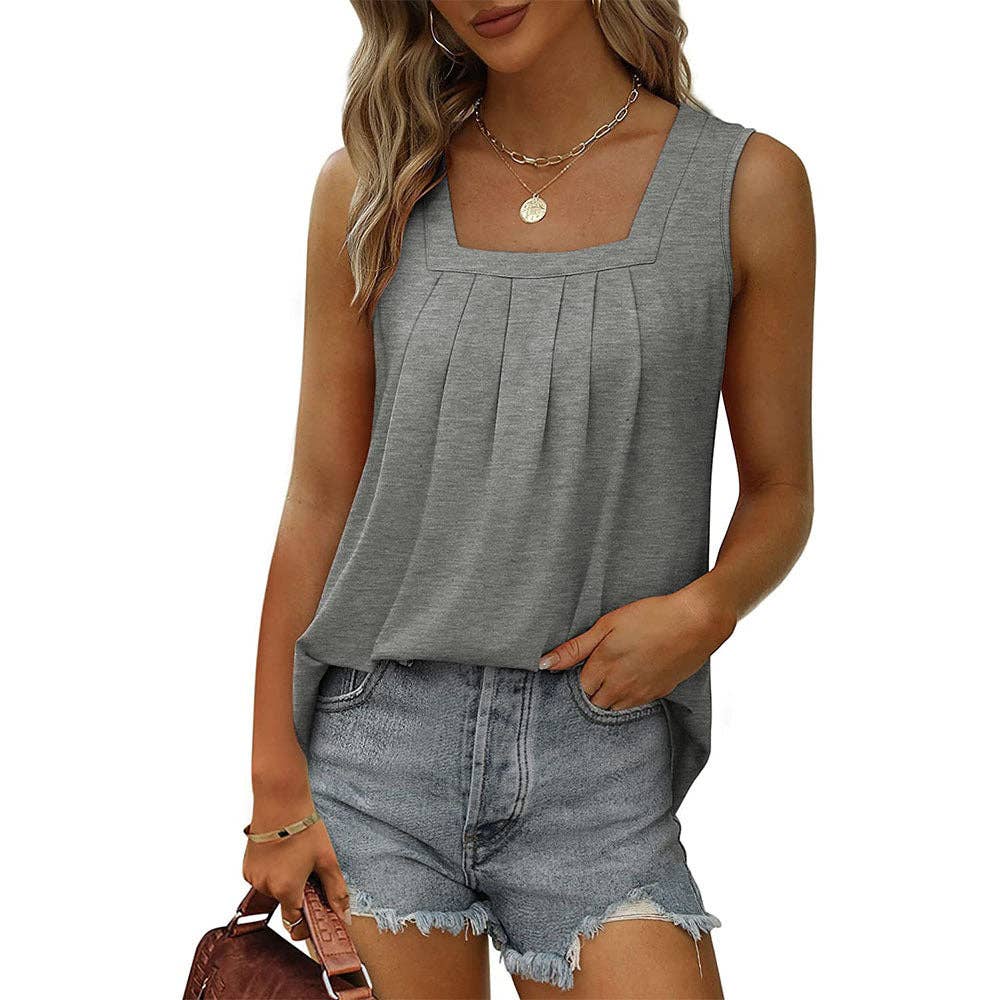 Lovesoft - Square Neck Pleated Sleeveless Flowy Tank Top