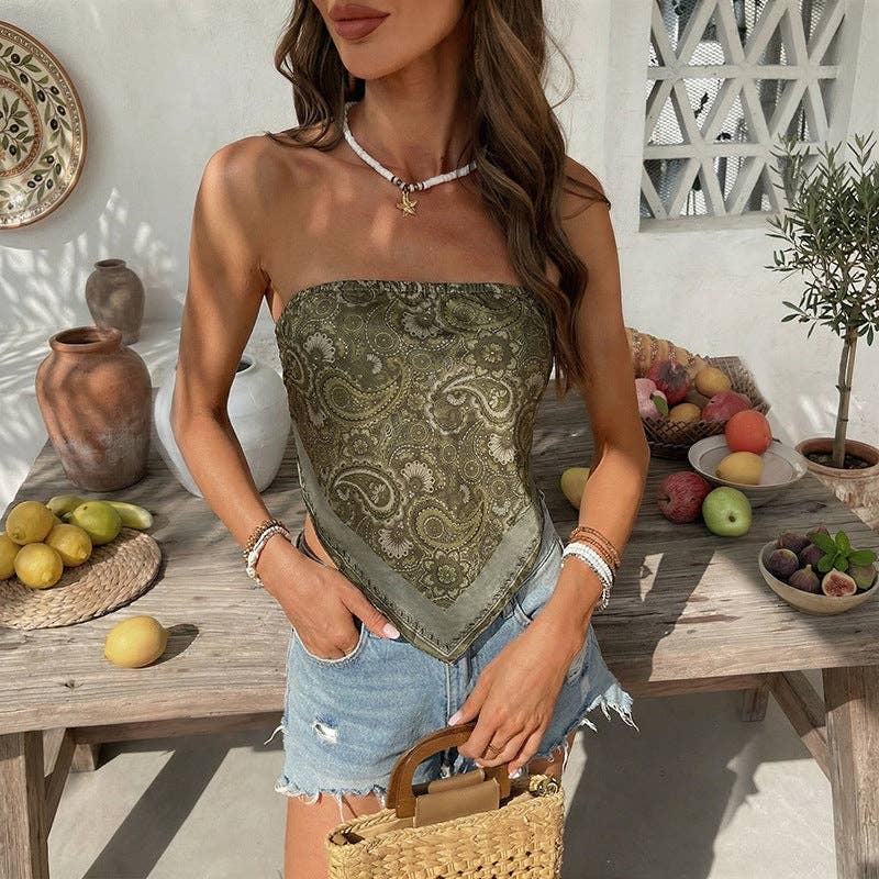 Suhkasana - Boho Paisley Scarf Hem Bandeau Top Strapless Crop Top