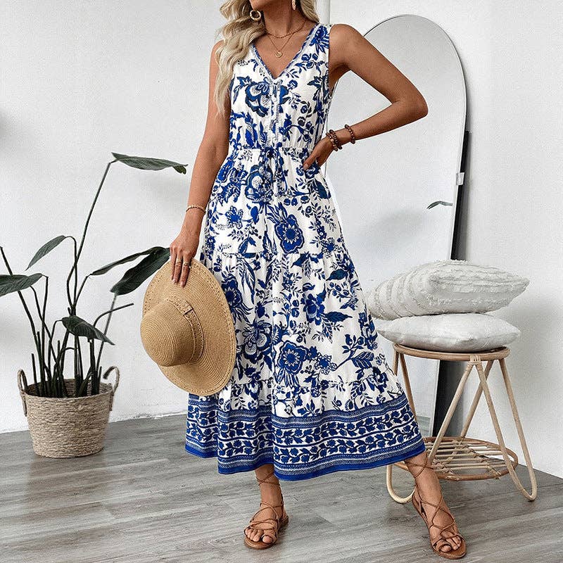 Suhkasana - Boho Blue Floral V Neck Sleeveless Maxi Dress