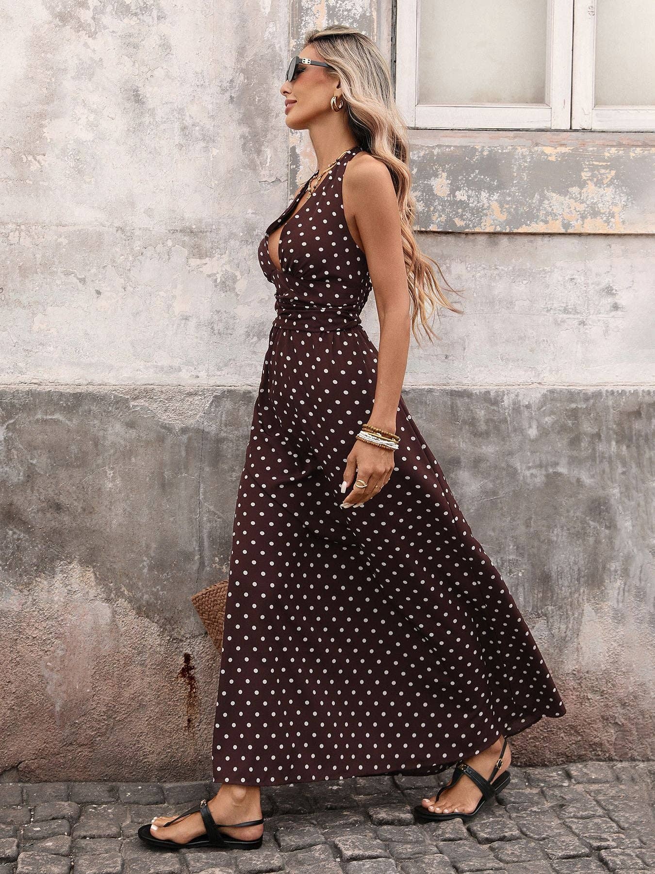 Suhkasana - Black Polka Dot Halter Deep V Maxi Dress Summer
