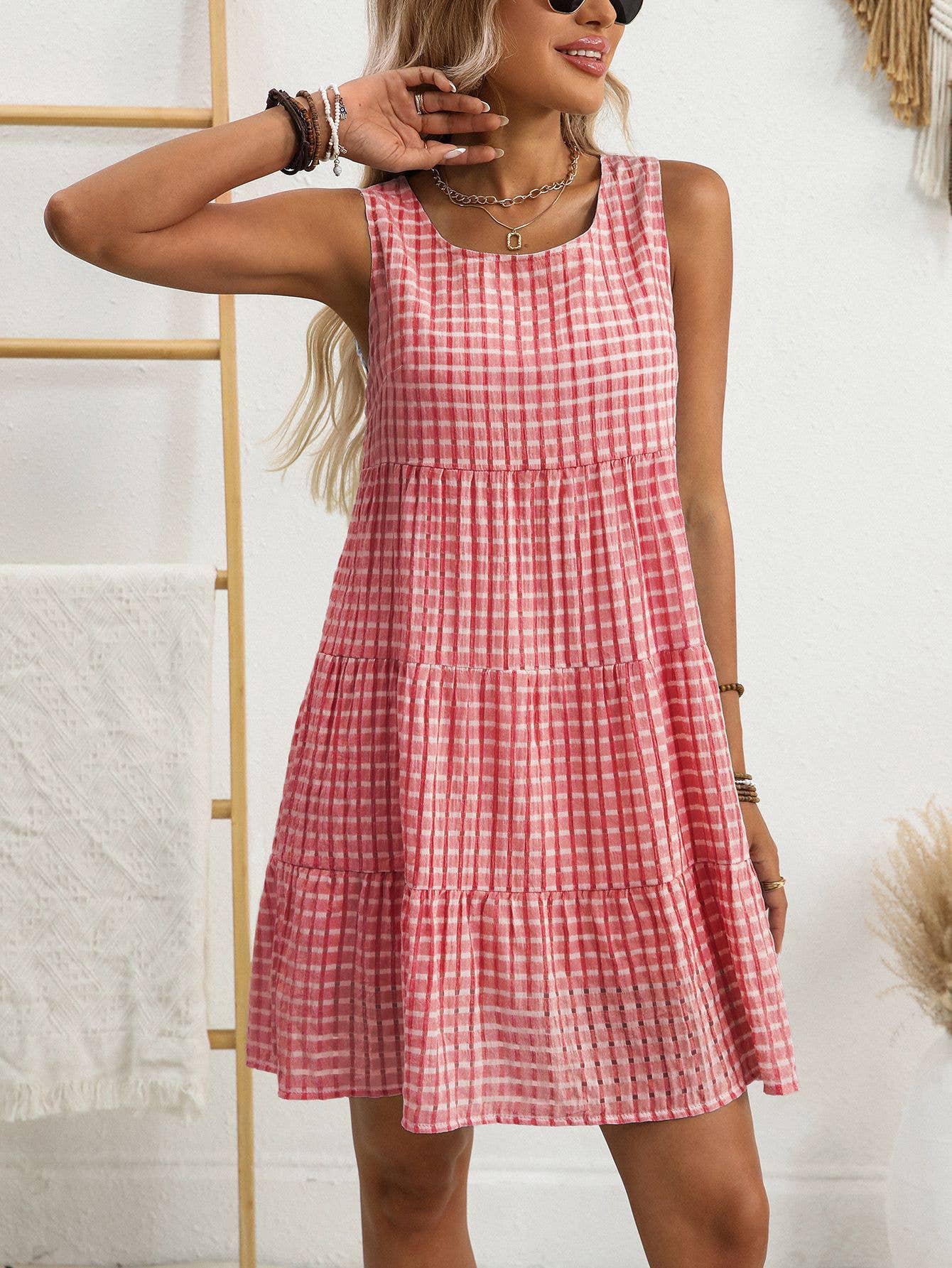 Anna Kaci Wholesale - Checkered Tiered Sleeveless Mini Dress