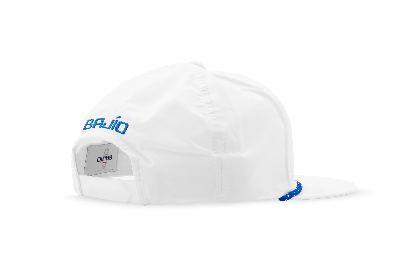 Bajio White Snapback Hat with Blue Logo and Adjustable Strap for Casual Wear