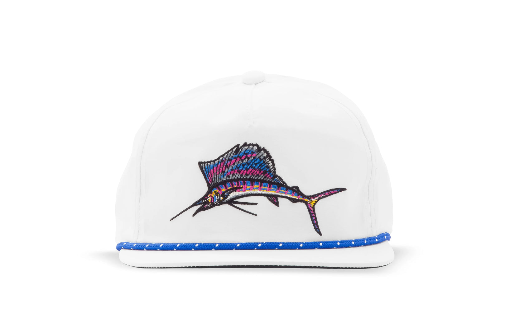 Bajio White Hat with Colorful Sailfish Embroidery and Blue Accent Band
