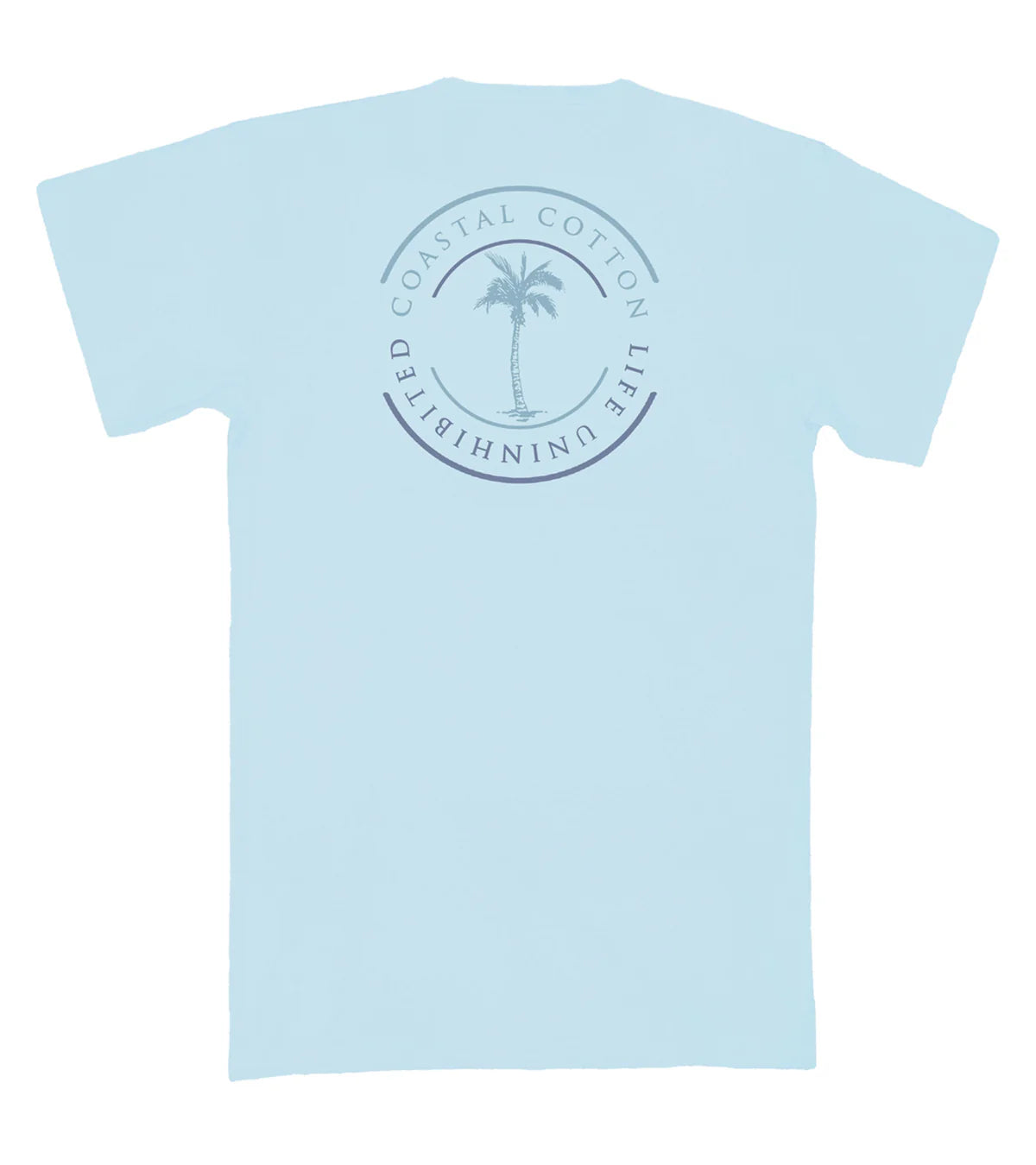 Light Blue Men's Beachwear Palm Tree Shirt by Coastal Cotton with Palm Tree Design on Back